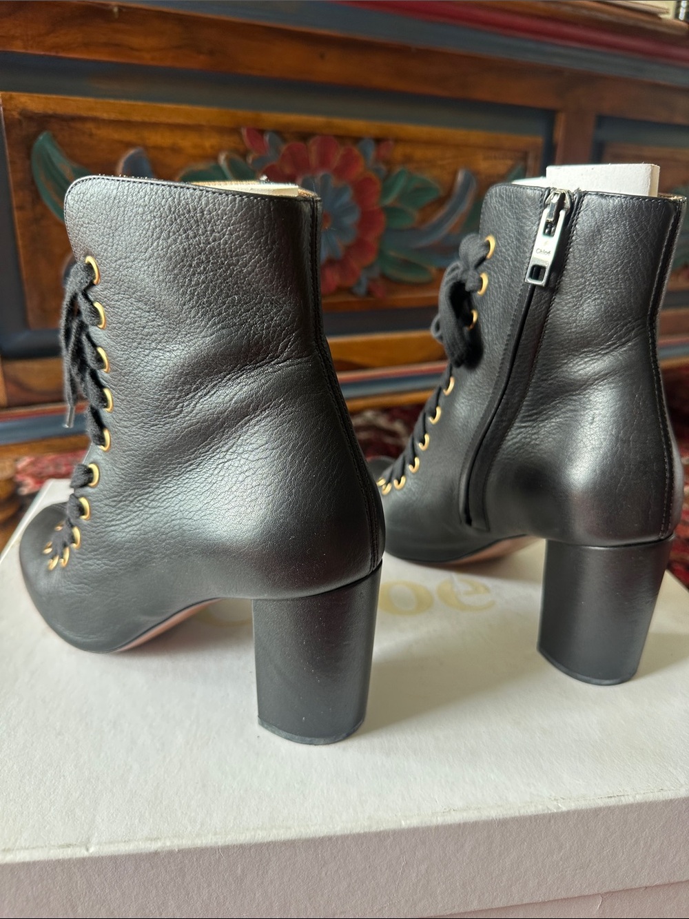 Chloe Black Leather Lace-Up Ankle Boots with Gold Eyelets - Picture 5 of 10